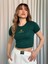 Zümrüt Yeşili Sıfır Yaka Kısa Kollu Önü Yazılı Minimal Slim Fit Croptop/bluz/tişört 1