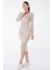 Düz Bisiklet Yaka Uzun Kollu Mevsimlik Kadın Slim Fit Bej Midi Elbise 1