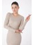 Düz Bisiklet Yaka Uzun Kollu Mevsimlik Kadın Slim Fit Bej Midi Elbise 4