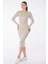 Düz Bisiklet Yaka Uzun Kollu Mevsimlik Kadın Slim Fit Bej Midi Elbise 5