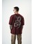 Erkek Snake Nakışlı Yıkamalı Oversize T-Shirt Bordo 1