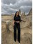 Basic Düz Croptop Regular Kesim %100 Pamuk Fitilli Bol Paça Eşofman Büstiyer Takım - Siyah 1
