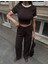 Biyeli Croptop Regular Kesim Fitilli Bol Paça Eşofman Büstiyer Takım - Kahve 3