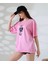 Ayıcıklı Pembe Desenli Bisiklet Yaka Kısa Kollu Oversize Tişört 3