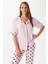 Kadın Lily Yumuşak Doku Pembe Kalpli Ön Düğmeli Kısa Kollu Pijama Takımı 1