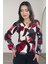Lupinn Moda Kadın Siyah Kırmızı Modern Desenli V Yaka Uzun Kollu Şık Bluz 1