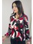 Lupinn Moda Kadın Siyah Kırmızı Modern Desenli V Yaka Uzun Kollu Şık Bluz 3