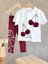 Kız Çocuk Pamuklu Beyaz Vişne Temalı T-Shirt ve Bordo Tayt Takım - Ponpon Aplikeli 4