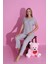 Mlale Gri Fitilli Ince Raporlu Kumaş Kol ve Paça Dantelli Kısa Kollu Bayan Pijama Takımı 4059-G 1