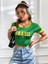 Sarı Biye Detaylı Brasil, Portugal, Jamaica Baskılı Esnek Kumaş Crop T-Shirt 1