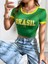 Sarı Biye Detaylı Brasil, Portugal, Jamaica Baskılı Esnek Kumaş Crop T-Shirt 4