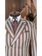 Taba ve Gri Çizgili Italyan Stil Kruvaze Ceket Geniş Sivri Yaka Slim Fit | Agustini 2