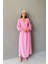 Pembe Gofre V Yaka Uzun Elbise 1