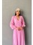 Pembe Gofre V Yaka Uzun Elbise 2