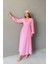 Pembe Gofre V Yaka Uzun Elbise 3