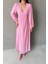 Pembe Gofre V Yaka Uzun Elbise 4