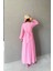 Pembe Gofre V Yaka Uzun Elbise 5