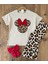 Kız Çocuk Pamuklu Minnie Mouse Ekru Leopar Desenli Fiyonklu T-Shirt ve Leopar Desenli Ispanyol Paça Tayt Takım 3
