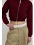 Kadın Bordo Renk Kapüşonlu Crop Sweatshirt Hırka 4