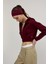 Kadın Bordo Renk Kapüşonlu Crop Sweatshirt Hırka 5