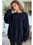 Kadın Lacivert Basic 0 Sıfır Yaka Baskısız Düz Oversize Salaş Bol Kesim Polar Sweatshirt 2