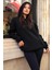 Kadın Siyah Düz Kapüşonlu Oversize 3 Iplik Şardonlu Salaş Bol Kesim Hoodie Sweatshirt 3