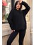 Kadın Siyah Düz Kapüşonlu Oversize 3 Iplik Şardonlu Salaş Bol Kesim Hoodie Sweatshirt 4