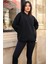 Kadın Siyah Düz Kapüşonlu Oversize 3 Iplik Şardonlu Salaş Bol Kesim Hoodie Sweatshirt 5