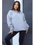 Kadın Gri Dreamer Baskılı 0 Sıfır Yaka Oversize Salaş Bol Kesim Polar Sweatshirt 1