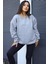 Kadın Gri Dreamer Baskılı 0 Sıfır Yaka Oversize Salaş Bol Kesim Polar Sweatshirt 3