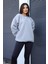 Kadın Gri Dreamer Baskılı 0 Sıfır Yaka Oversize Salaş Bol Kesim Polar Sweatshirt 4