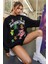Kadın Ayıcık Desenli 3 Iplik Şardonlu Kapüşonlu Oversize Salaş Hoodie Siyah Sweatshirt 1