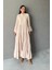 Hakim Yaka Düğmeli Uzun Dokuma Bej Elbise 2