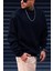 Erkek Lacivert Basic 0 Sıfır Yaka Baskısız Düz Oversize Salaş Bol Kesim Polar Sweatshirt 1