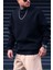 Erkek Lacivert Basic 0 Sıfır Yaka Baskısız Düz Oversize Salaş Bol Kesim Polar Sweatshirt 3