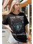 Kadın Siyah Nazar Baskılı Oversize Fit Bol Geniş Kalıp Salaş Kesim T-Shirt 1