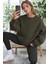 Kadın Haki Yeşili Basic 0 Sıfır Yaka Baskısız Düz Oversize Salaş Bol Kesim Polar Sweatshirt 1