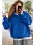 Kadın Mavi Yarım Fermuar Polo Yaka 3 Iplik Içi Polarlı Şardonlu Oversize Sweatshirt 1