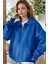 Kadın Mavi Yarım Fermuar Polo Yaka 3 Iplik Içi Polarlı Şardonlu Oversize Sweatshirt 2
