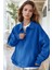 Kadın Mavi Yarım Fermuar Polo Yaka 3 Iplik Içi Polarlı Şardonlu Oversize Sweatshirt 3