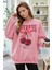 Kadın Pembe Cherries Baskılı 0 Sıfır Yaka Oversize Salaş Bol Kesim Polar Sweatshirt 1