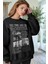 Kadın Siyah 1997 Baskılı 0 Sıfır Yaka Oversize Salaş Bol Kesim Polar Sweatshirt 1