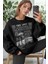 Kadın Siyah 1997 Baskılı 0 Sıfır Yaka Oversize Salaş Bol Kesim Polar Sweatshirt 2