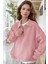 Kadın Pembe Yarım Fermuar Polo Yaka 3 Iplik Içi Polarlı Şardonlu Oversize Sweatshirt 3