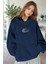 Kadın Lacivert Earth 3 Iplik Şardonlu Kapüşonlu Kanguru Cepli Oversize Salaş Hoodie Sweatshirt 1