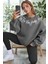 Kadın Antrasit Only God Baskılı 0 Sıfır Yaka Oversize Salaş Bol Kesim Polar Sweatshirt 1