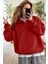 Kadın Kırmızı Yarım Fermuar Polo Yaka 3 Iplik Içi Polarlı Şardonlu Oversize Sweatshirt 1