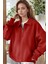 Kadın Kırmızı Yarım Fermuar Polo Yaka 3 Iplik Içi Polarlı Şardonlu Oversize Sweatshirt 2