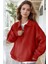 Kadın Kırmızı Yarım Fermuar Polo Yaka 3 Iplik Içi Polarlı Şardonlu Oversize Sweatshirt 3