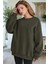 Kadın Haki Yeşili Basic 0 Sıfır Yaka Baskısız Düz Oversize Salaş Bol Kesim Polar Sweatshirt 2